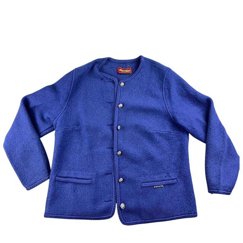 Vintage Geiger Jacket Women‎ 48 Blue Wool Button Front Ornate Buttons Pockets